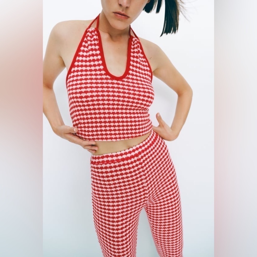 Zara Red White Crochet Knit Crop top and high waisted Boot cut Pants set Size M